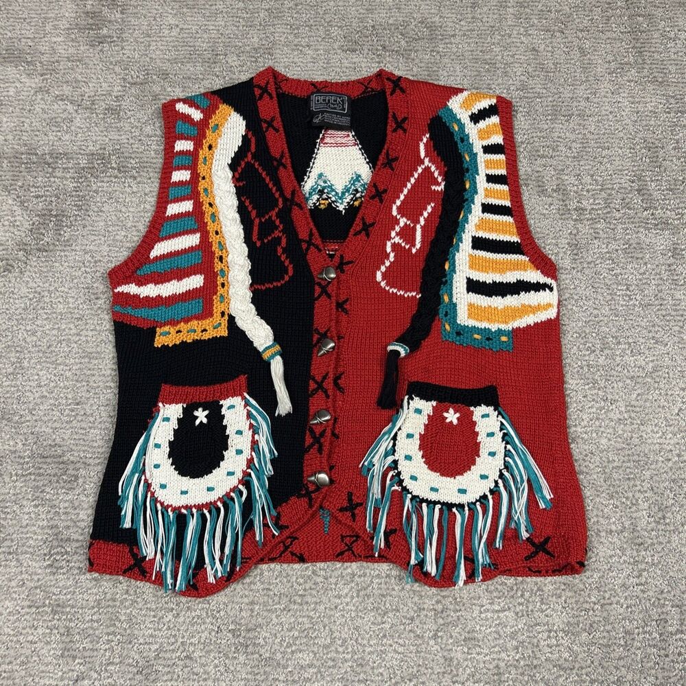 Vintage Berek Sweater Vest Women Small Hand Knit Pima Cotton Southwestern Fringe